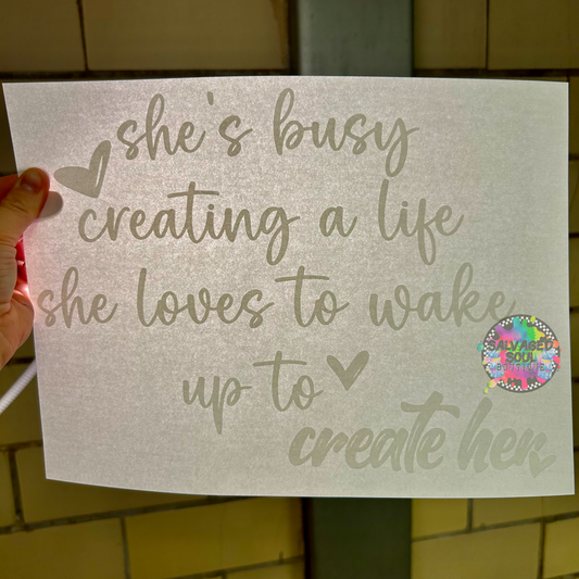 She’s Busy Creating A Life (with pocket/sleeve)- white